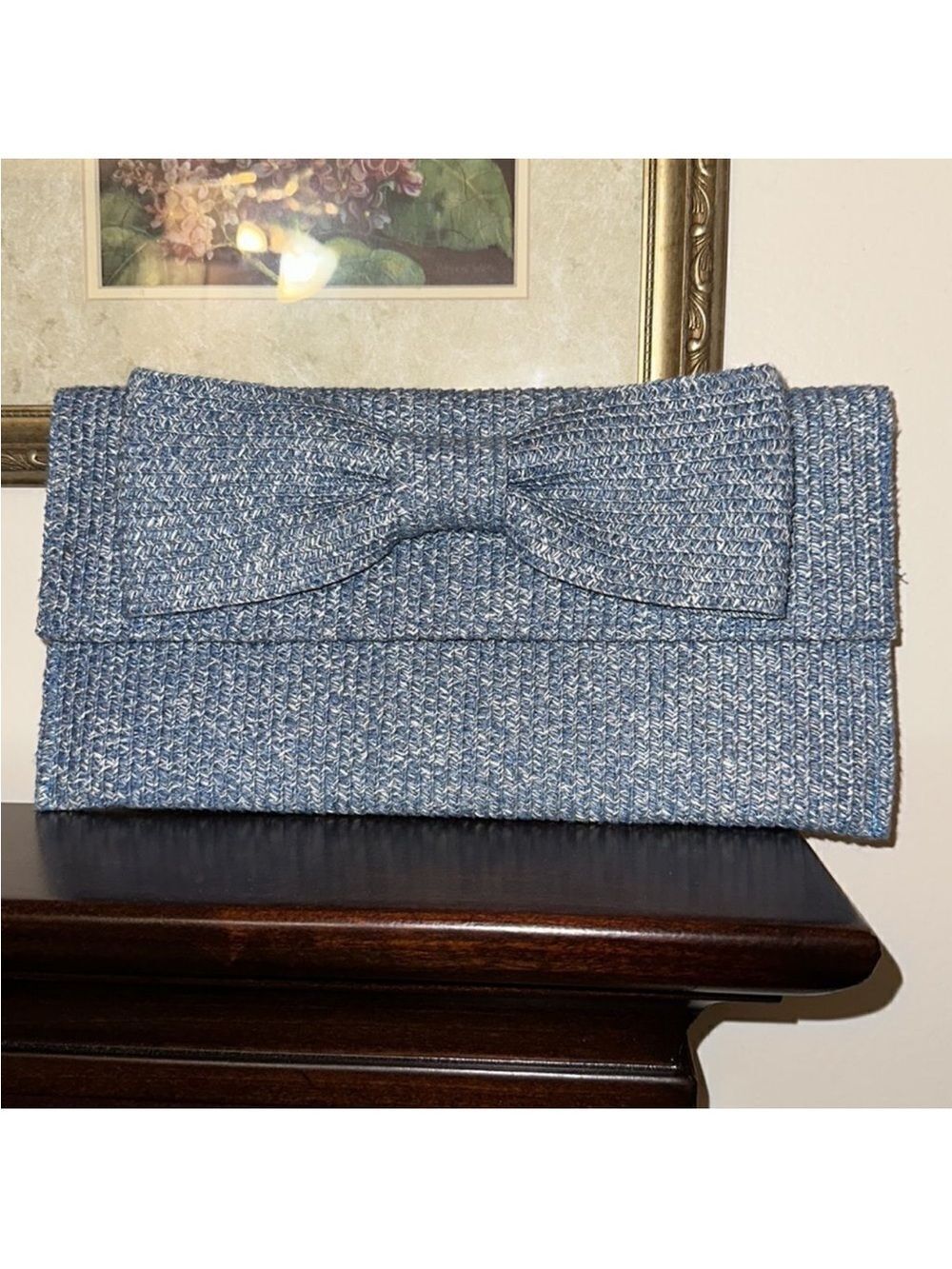 kelly & katie Blue White Heathered Paper Straw Large Bow Envelope Clutch